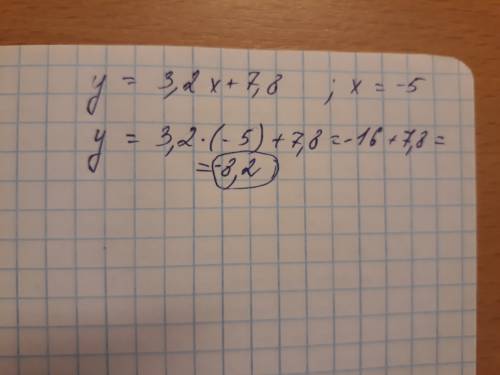 Найдите значения функции y=3,2x+7,8 при x=-5 1)8,2; 2)-23,8; 3)-8,2; 4)23,8