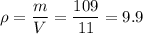 \displaystyle \rho=\frac{m}{V}=\frac{109}{11}=9.9