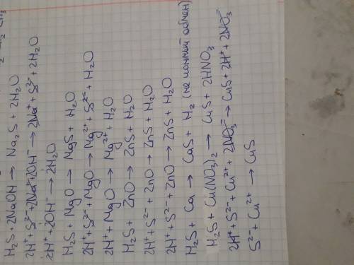 Нужно ионное уравнение 1)h2s+naoh=na2s+2h2o 2)h2s+mgo=mgs+h2o 3)h2s+zno=zns+h2o 4)h2s+ca=cas+h2 5)h2