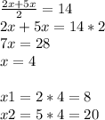 \frac{2x+5x}{2} = 14\\2x+5x=14*2\\7x=28\\x=4\\\\x1 = 2*4 = 8\\x2 = 5*4 = 20