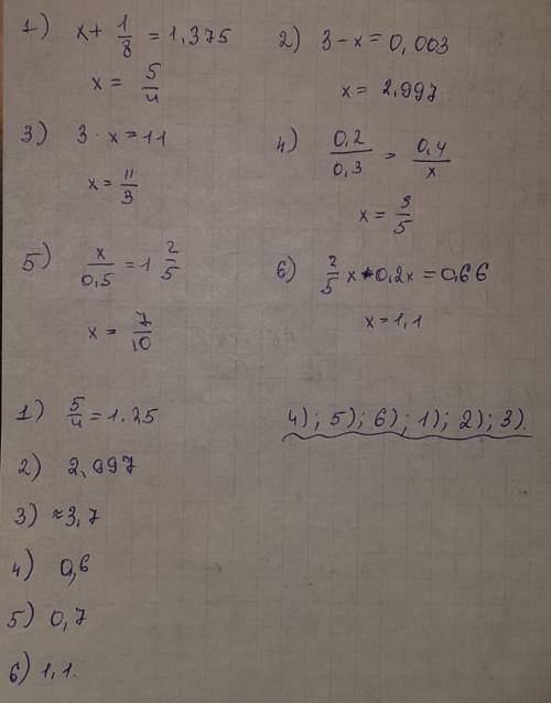Решите уравнения и расположите корни в порядке убывания 1) х+1/8=1,375 2) 3-х=0,003 3) 3*х=11 4) 0,2