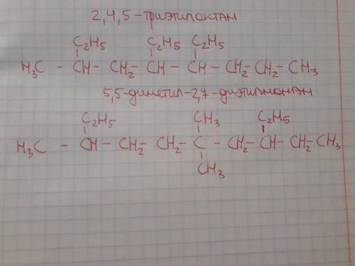 Написати структурні формули: 1) 2, 4, 5 триетил октан; 2) 5,5 диметил 2,7 диетил нонан