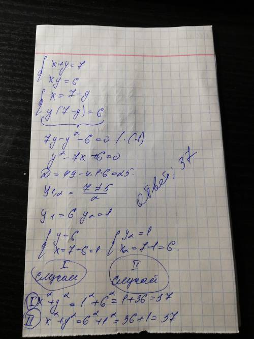 Известно, что x+y=7, xy=6. найти значение выражения х2+у2.