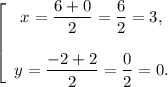 \left[\begin{array}{c}x = \dfrac{6 + 0}{2} = \dfrac{6}{2} = 3,\\\\y = \dfrac{-2 + 2}{2} = \dfrac{0}{2} = 0.\end{array}