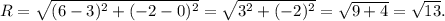 R = \sqrt{(6 - 3)^2 + (-2 - 0)^2} = \sqrt{3^2 + (-2)^2} = \sqrt{9 + 4} = \sqrt{13}.