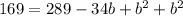 169=289-34b+b^{2} +b^{2}