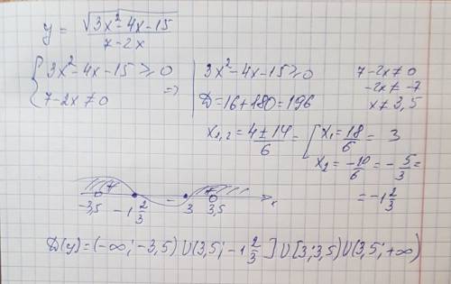 Найдите область определения функции √3х^2-4х-15 7-2х