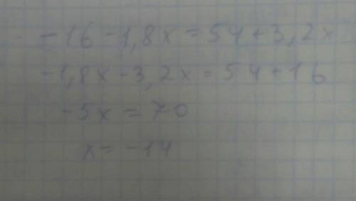 Реши уравнение: −16−1,8x=54+3,2x. ответ: x=