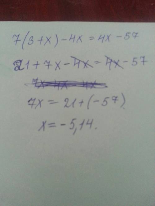 Реши уравнение: 7⋅(3+x)−4x=4x−57. ответ: x=