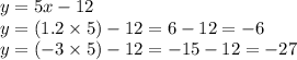 y = 5x - 12 \\ y =( 1.2 \times 5) - 12 = 6 - 12 = - 6 \\ y = ( - 3 \times 5) - 12 = - 15 - 12 = - 27
