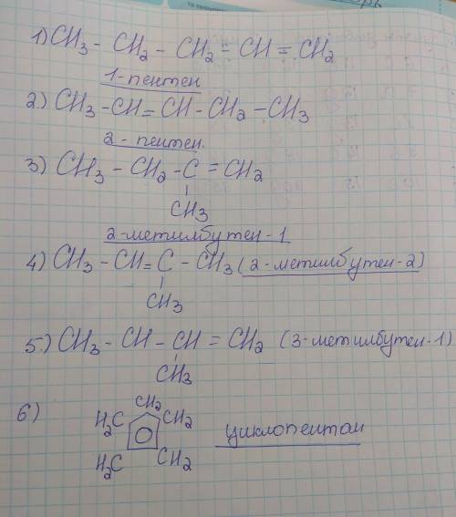 1)составить структурную формулу изомеров c5h10 и назвать их. 2)c2h6 -> c2h4 -> c2h5oh -> c2