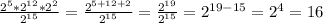 \frac{2^5 * 2^{12} * 2^2}{2^{15}} = \frac{2^{5+12+2}} {2^{15}} = \frac{2^{19}}{2^{15}} = 2^{19-15} = 2^4= 16