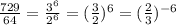 \frac{729}{64} =\frac{3^6}{2^6} =(\frac{3}{2})^6=(\frac{2}{3})^{-6}