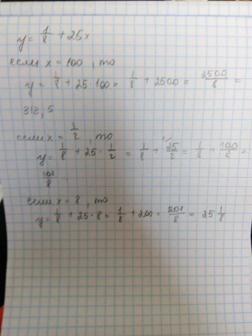 Решите y=1/8+25%x, если x=40; 100; 1/2; 8. 30