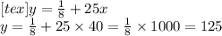[tex]y = \frac{1}{8} + 25x \\ y = \frac{1}{8} + 25 \times 40 = \frac{1}{8} \times 1000 = 125 \\