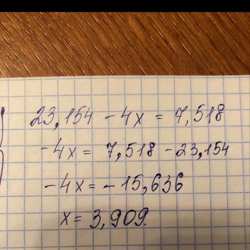Решить уравнение 23.154-4*x равно 7.518