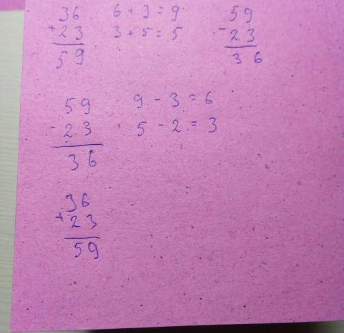 Вычислить столбиком и объяснением и проверкой 36+23=? 59-23=?