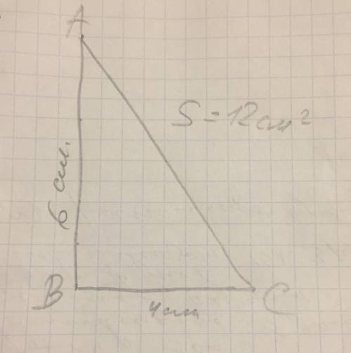 Построй треугольник,площадь которого равна 12 см2, а один из катетов равен 6 см. обозначь вершины бу
