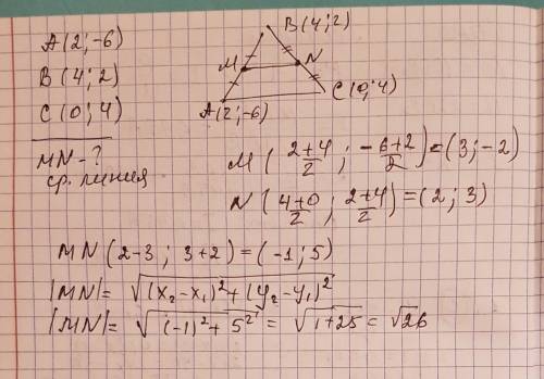 Вершини трикутника abc мають координати a(2; -6), b(4; 2), c(0; 4). складіть рівняння прямої, яка мі