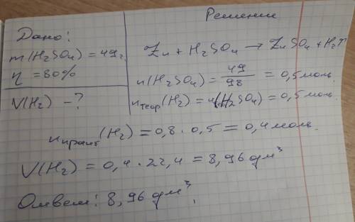 Цинк прореагировал с серной кислотой массой 49 г.вычислите объем полученого водорода если выход сост