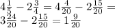 4 \frac{1}{5} - 2 \frac{3}{4} = 4 \frac{4}{20} - 2 \frac{15}{20} = \\ 3 \frac{24}{20} - 2 \frac{15}{20} = 1 \frac{9}{20}