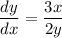 \dfrac{dy}{dx}=\dfrac{3x}{2y}