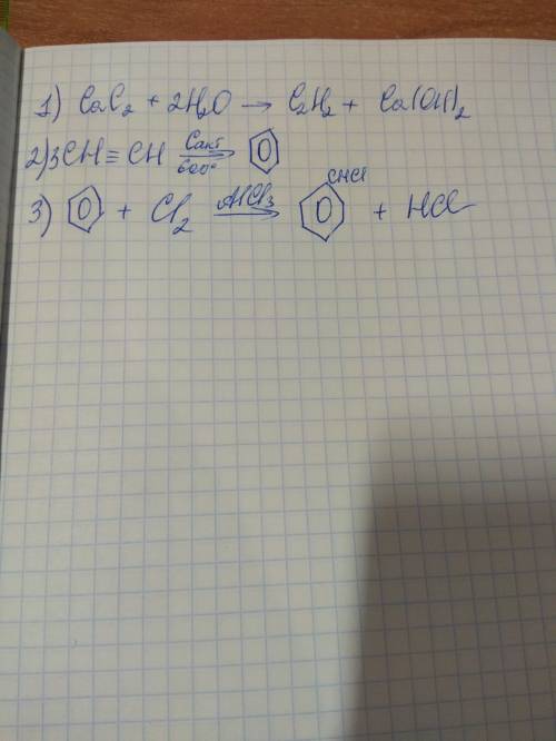 Напишите уравнения реакций по схеме: cac2-c2h2-c6h6-c6h5cl