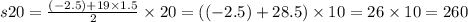 s20 = \frac{( - 2.5) + 19 \times 1.5}{2} \times 20 = ( ( - 2.5) + 28.5) \times 10 = 26 \times 10 = 260