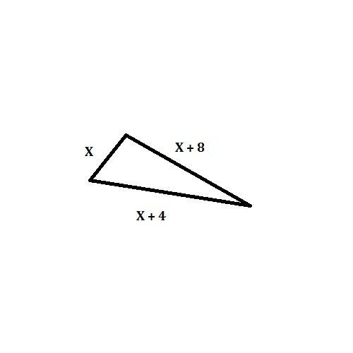 Втреугольнике одна сторона меньше другой на 8 см и меньше третьей на 4 см найди длины сторон треугол
