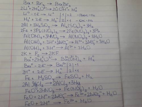 Закончить уравнения реакций 1) барий + бром = 2) литий + вода= ( разобрать с точки зрения овр) 3) ал