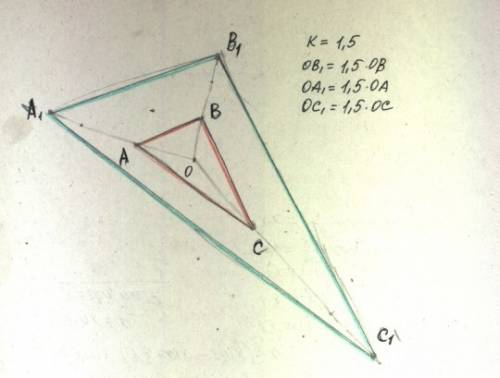 Даны точка o и треугольник abc. взяв точку o за центр и за коэффициент гомотетии k=1,5 постройте тре