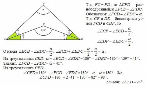 Fc=fd ce− биссектриса ∢fcd de− биссектриса ∢cdf,∢dec=139°. угол cfd равен-?