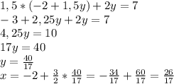 1,5*(-2+1,5y)+2y=7\\-3+2,25y+2y=7\\4,25y=10\\17y=40\\y=\frac{40}{17}\\ x=-2+\frac{3}{2}*\frac{40}{17}=-\frac{34}{17}+\frac{60}{17}=\frac{26}{17}