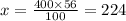 x = \frac{400 \times 56}{100} = 224