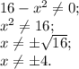 16 - x^2 \neq 0;\\x^2 \neq 16;\\x \neq \pm\sqrt{16};\\x \neq \pm 4.