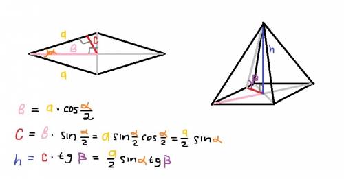 100 ! основание пирамиды - ромб из стороной а и острым углом альфа. если боковые грани пирамиды накл