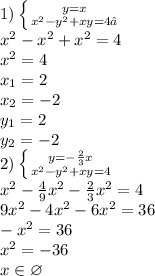 1)\left \{ {{y=x} \atop {x^2-y^2+xy=4​}} \right. \\x^2-x^2+x^2=4\\x^2=4\\x_1=2\\x_2=-2\\y_1=2\\y_2=-2\\2)\left \{ {{y=-\frac{2}{3} x} \atop {x^2-y^2+xy=4}} \right. \\x^2-\frac{4}{9}x^2 -\frac{2}{3} x^2=4\\9x^2-4x^2-6x^2=36\\-x^2=36\\x^2=-36\\x\in \varnothing