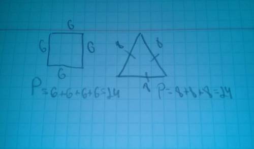 Сторона квадрата 6 см. найди длину стороны равностороннего треугольника с таким же периметром.