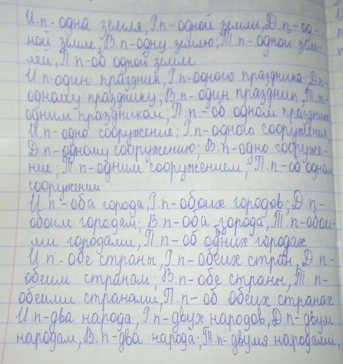 Нужно по падежам просклонять словосочетания одна земля, один праздник, одно сооружение, оба города,