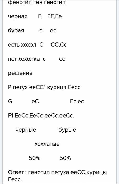 Су кур черная окраска оперения определяется геном е, бурая - е, наличие хохла - с, отсутствие - с. б