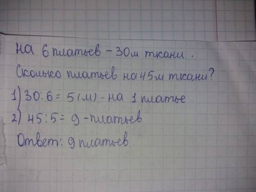 На 6 одинаковых платьев израсходовали 30 м ткани . сколько платьев можно сшить из 45 м ткани?