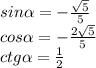 sin\alpha = -\frac{\sqrt5}5\\cos\alpha = -\frac{2\sqrt5}5\\ctg\alpha = \frac12
