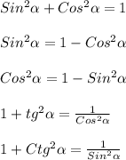 Sin^{2}\alpha+Cos^{2}\alpha =1\\\\Sin^{2}\alpha =1-Cos^{2}\alpha\\\\Cos^{2}\alpha =1-Sin^{2}\alpha\\\\1+tg^{2}\alpha =\frac{1}{Cos^{2}\alpha}\\\\1+Ctg^{2}\alpha=\frac{1}{Sin^{2} \alpha }