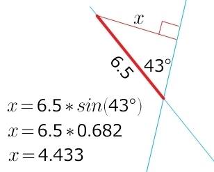 Две прямолинейные дороги пересекаются под углом 43.на одной из них в 6,5 км от развилки находится пу