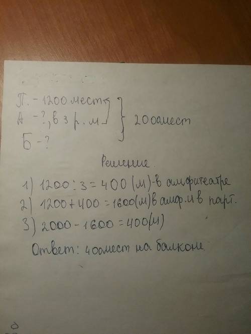 Вконцертном зале 2000 мест .в партере 1200 мест.в амфитеатре мест в 3 раза меньше чем в партере а ос