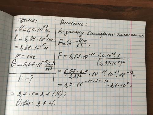 1) масса марса составляет m=6,4*10^23 кг, а его радиус r=3,39*10^3 км. оцените модуль силы f, действ