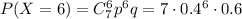 P(X=6)=C^6_7p^6q=7\cdot 0.4^6\cdot 0.6