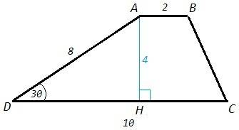 Найдите s трапеции с основанием ab и cd если ab=2см ; cd=10см ; ad=8см ; угол d = 30°