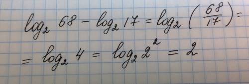 Вычислите логарифм по основанию 2 числа 68 - логарифм по основанию 2 числа 17
