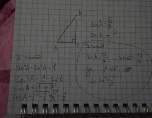 Втреугольнике abc угол с -прямой ,sina=корень 3 /2.найдите cos a.